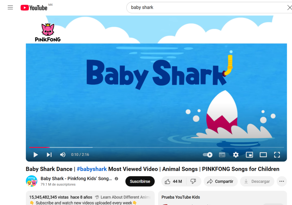 Canción Baby Shark en YouTube