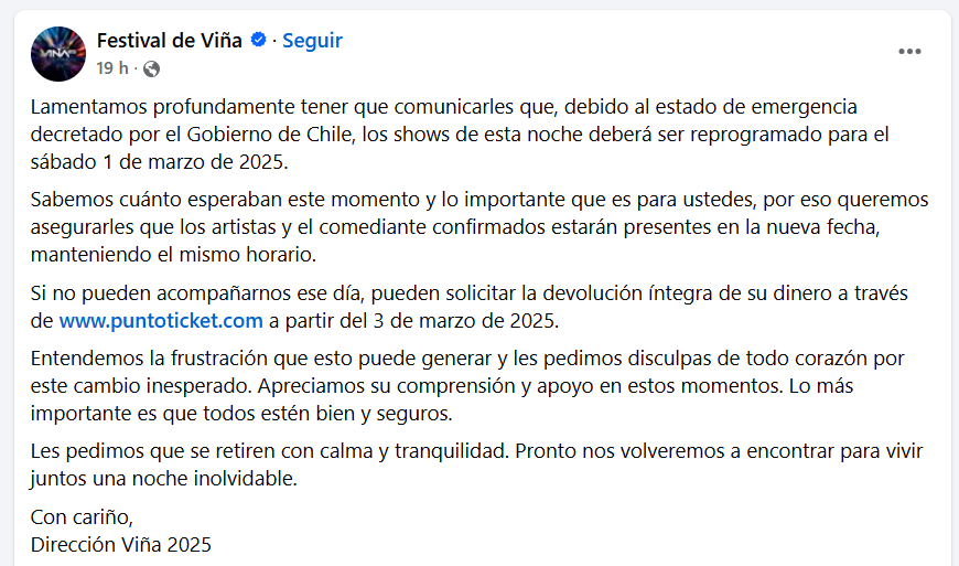 Noche de caos en Chile, apagón masivo y cancelación de Viña del Mar