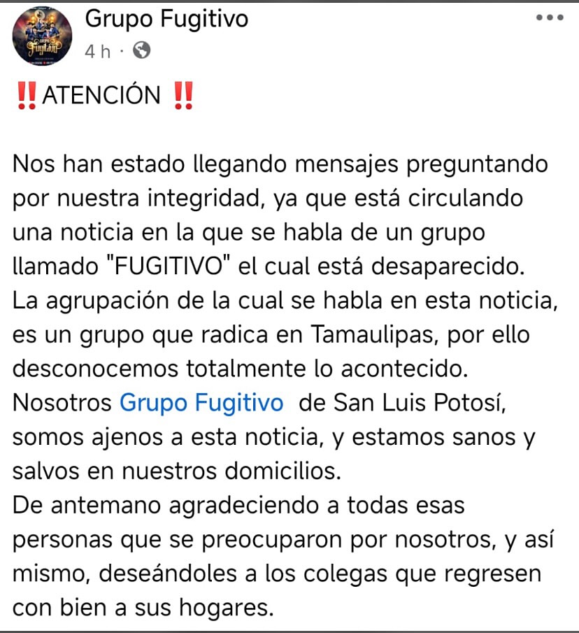 En México se vive un clima de inseguridad, donde cualquier persona corre un riesgo, mayor o menor de ser una víctima de la violencia del crimen organizado. El ejemplo más reciente ha sido, Grupo Fugitivo que están desaparecidos después de una presentación en domingo, un evento que ha causado consternación en Reynosa, Tamaulipas. 