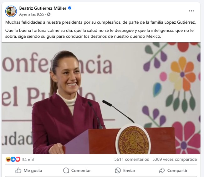El día 24 de junio, Claudia Sheinbaum celebró su cumpleaños, un evento muy importante en la vida de la mandataria. Pero lo que se hizo viral fue la ex primera dama Beatriz Gutiérrez Müller, por un mensaje que mandó a sus redes sociales felicitando a la presidenta. Además de un evento muy curioso en la cámara de diputados cuando le cantaron las mañanitas.