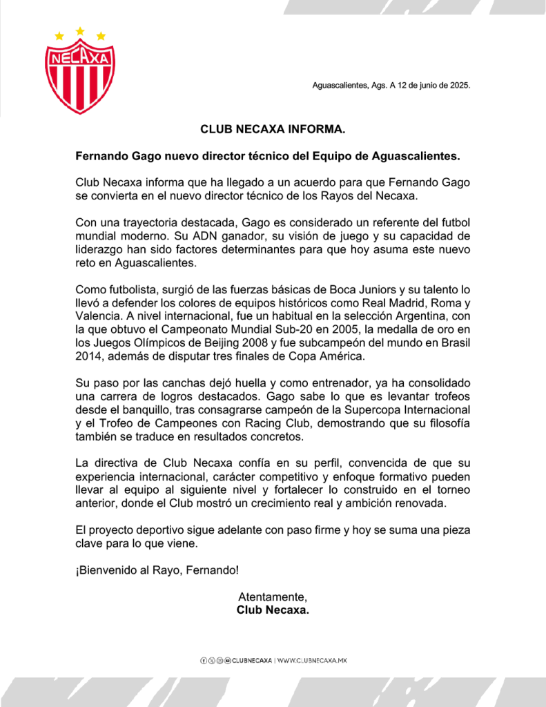 Fernando Gago, Necaxa, nuevo técnico Necaxa, regreso de Gago, Fernando Gago Necaxa, Liga MX Apertura 2025, DT Necaxa 2025, Chivas, Fernando Gago Chivas, fichaje técnico Necaxa, noticias Necaxa