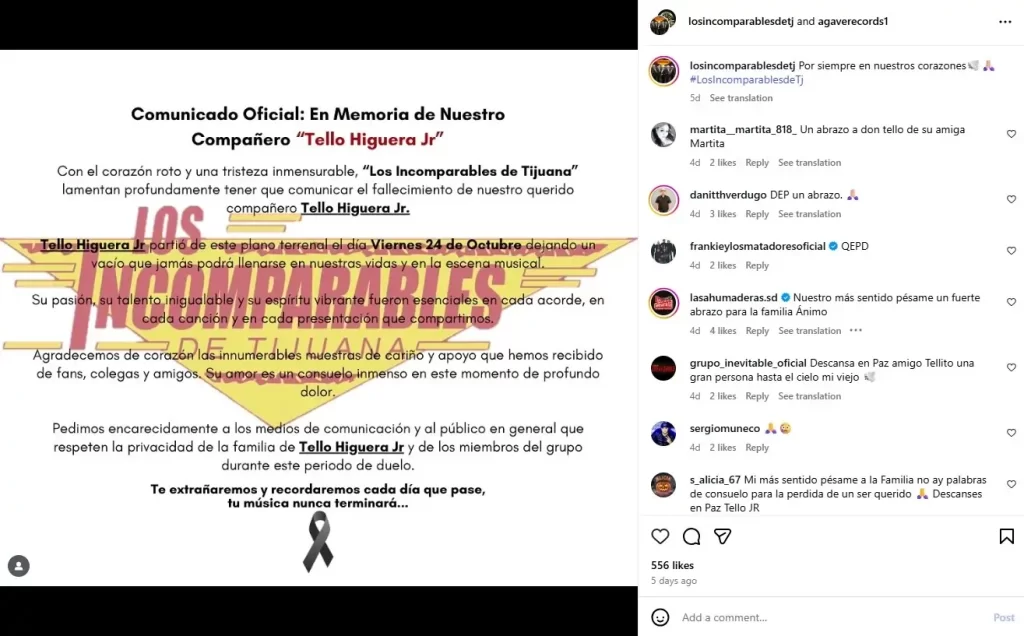 En tiempos recientes, cantar se ha vuelto una profesión peligrosa, debido a los múltiples incidentes de agrupaciones y de sus vocalistas que fallecieron, en especial en conexión con ataques del crimen organizado. El ejemplo más reciente de esto tiene que ver con Eleuterio “Tello” Higuera, de Los Incomparables de Tijuana y sobrino de Mario Quintero, que después de una presentación privada desapareció a manos de un comando armado y ahora lo encontraron sin vida en Baja California