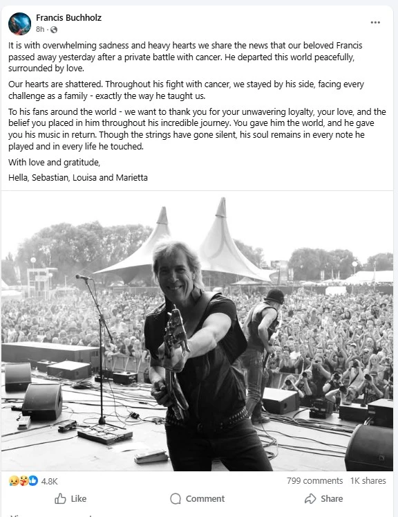 El mundo del rock and roll está en una racha bastante triste, con varias de sus estrellas que ahora fallecieron, primero Ozzy Osbourne en julio de 2025 y ahora en los primeros días del 2026 se une otro de sus contemporáneos. Se trata del bajista Francis Buchholz, de la legendaria banda Scorpions, donde era uno de los miembros más importantes y una pieza integral para la formación del elenco y la creación de su sonido. En dos puntos te explicamos todo lo que sabemos sobre su muerte y la reacción que causó en las redes sociales: