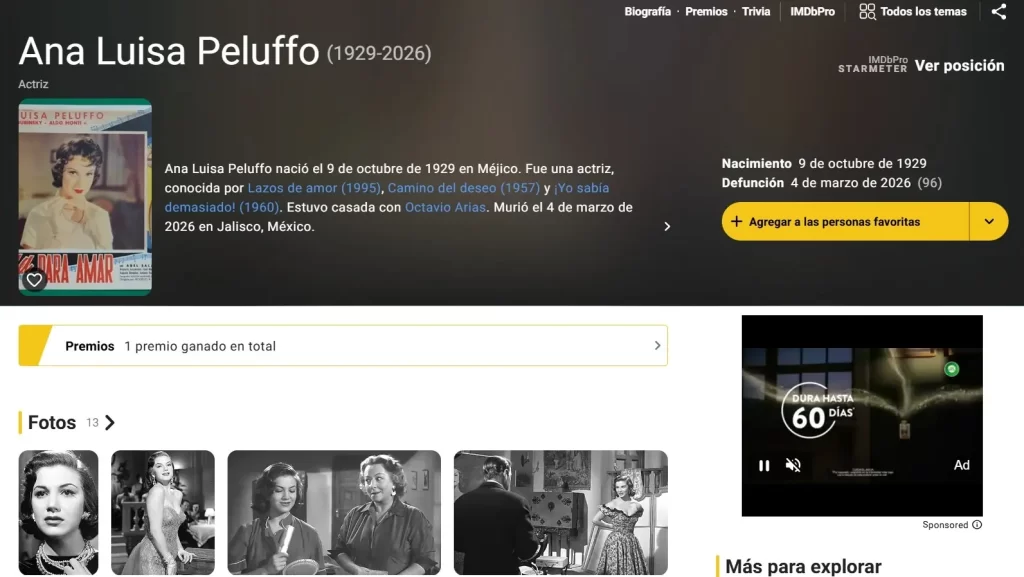 México, como país, tiene una larga historia con el cine, el séptimo arte, que tiene una profunda influencia en nuestra cultura y en sus costumbres, gracias al trabajo y la dedicación de miles de personas con un enorme talento. De todas las épocas, una de las que mejor se recuerdan es la llamada “Época de Oro”, en la que surgieron las mayores estrellas del medio, aunque, con el paso del tiempo, aquellos que se volvieron famosos en ese momento ya no están con nosotros. El ejemplo más reciente se trata de Ana Luisa Peluffo, una actriz muy talentosa que murió a sus 96 años de edad, en dos puntos te explicamos todo.
