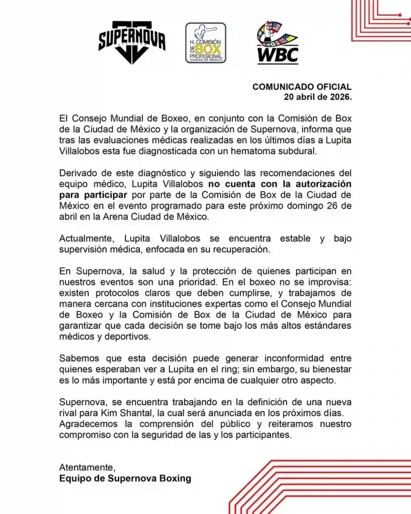 El deporte de alto nivel requiere que todos sus participantes se encuentren en la mejor condición posible, incluso cuando se trata de un evento aficionado, hay ocasiones en donde tenemos que priorizar la salud sobre el espectáculo. Eso le sucedió a Lupita Villalobos, que iba a asistir al Supernova Genesis, hasta que un doctor le detectó un hematoma subdural que la llevó a suspender su actividad en el ring. En dos puntos te contamos todo lo que sabemos de su estado actual, qué significa el diagnóstico para la influencer y los múltiples rumores sobre quiénes podrían fungir como sus suplentes en la pelea estelar.