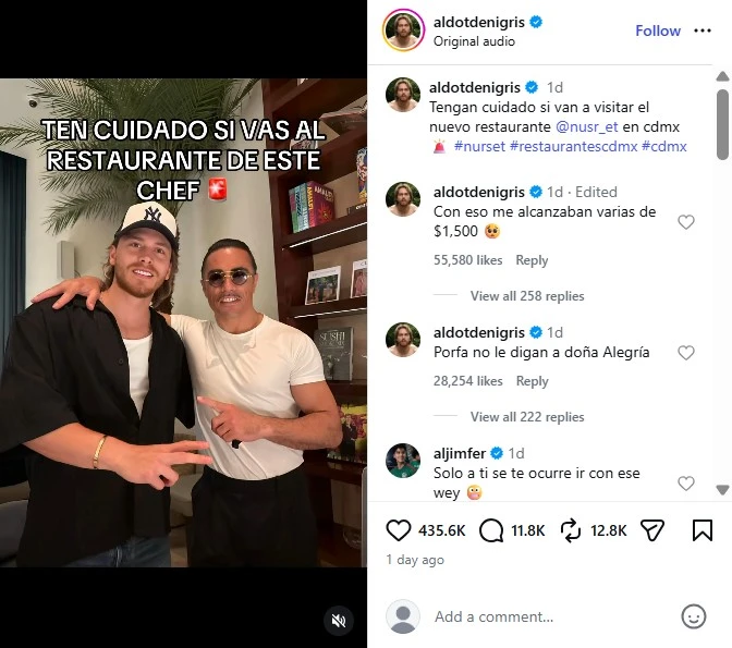 Hay pocos placeres en la vida que se comparen con una buena comida, por lo que está bien entendido que los mejores ingredientes y la preparación tendrán un costo adicional, pero ¿qué tanto es demasiado? Aldo de Nigris vio eso mismo cuando, luego de una comida en el restaurante de Salt Bae en México, recibió una cuenta de casi 40 mil pesos, y ahora está alegando que lo estafaron. En dos puntos te contamos todo lo que sabemos de esta controversia, qué dice cada uno sobre lo que está sucediendo, si de verdad vale la pena pagar tanto por un corte y la conversación en línea sobre los hechos.