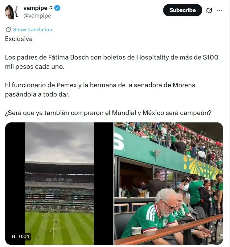 Hay personas que capturan la imaginación de sus respectivos públicos, de tal manera que todas sus acciones generan interés, tendencias o incluso polémicas. Ese es el caso de Fátima Bosch, la ganadora de Miss Universo 2025 y el epicentro de varias discusiones, en este caso por sus padres, Bernardo y Vanessa, que aparecieron en un palco VIP en uno de los partidos del Mundial. En dos puntos te contamos el motivo por el que causó indignación, la manera en la que respondió la modelo y por qué provocó discusiones en línea.