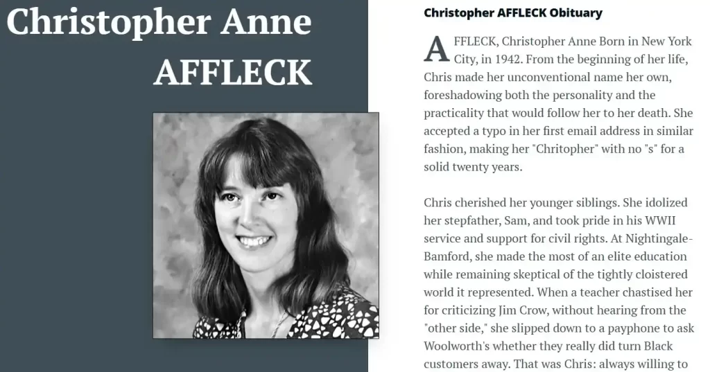 Vivimos en un mundo con una gran variedad de celebridades, las cuales se mantienen en las noticias por sus diversas apariciones en público, cosa que en algunas ocasiones nos lleva a enterarnos de cosas muy tristes. En este caso se trata de Ben Affleck, el actor de Hollywood que hoy nos comparte que su mamá, Chris Anne Affleck, falleció. En dos puntos te contamos todo lo que sabemos de este acontecimiento, la condición médica que le diagnosticaron, su último y más grande deseo y si lo cumplió en los días antes de esta tragedia.