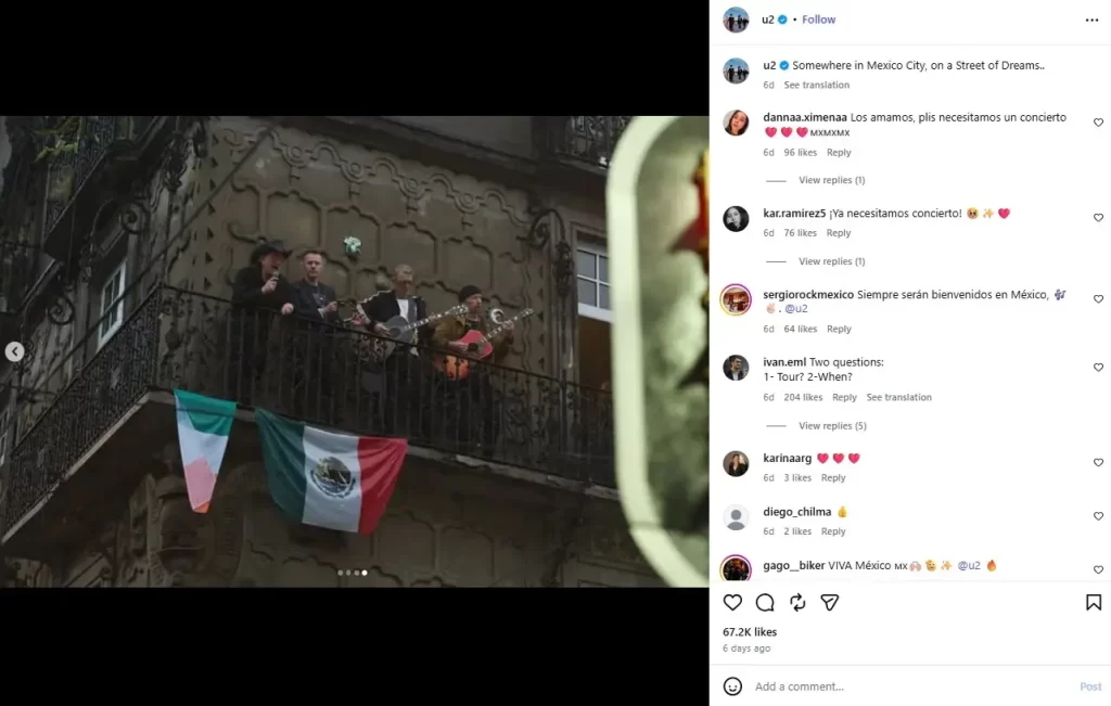 Una vez que una banda ya no está en la cima, suele hacer una transición a un formato de “legado”, donde ya no lanza música nueva y se dedica a hacer tours para sus fans. Eso es el caso para la mayoría, hay otros que no están contentos con esto y buscan más, eso es lo que estamos viendo con U2, el grupo que estrenó su nuevo sencillo “Street of Dreams” con una apuesta interesante, grabaciones en la Ciudad de México y letras en español. En dos puntos te contamos todo del estreno del grupo de rock, los lugares en donde se llevó a cabo la filmación y las noticias más recientes de su próximo álbum de estudio.