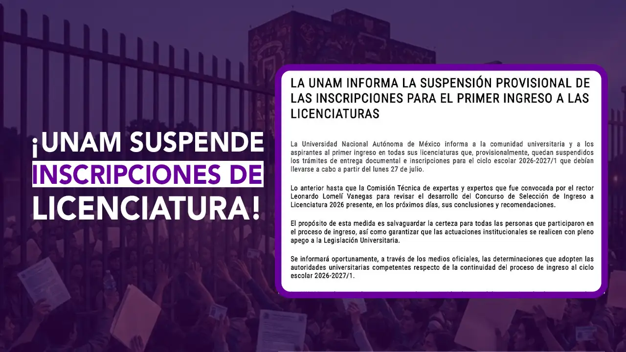 Dos Puntos; Dos News; dospuntos.media; dos puntos punto media; Juan Carlos Valerio; Leidy Salazar; UNAM suspende inscripciones licenciatura 2026; Examen de admision UNAM irregularidades; Inteligencia Artificial examen en linea UNAM; Comision tecnica UNAM admisiones; Pase reglamentado UNAM prepa CCH; Proceso de seleccion UNAM 2026 2027; Aspirantes UNAM resultados en pausa; Universidad Nacional Autonoma de Mexico examen; Noticias universitarias educacion Mexico; Transparencia en examenes de admision.