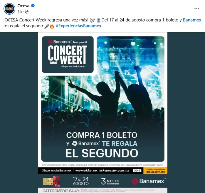 En lo que se trata de la música, los eventos en vivo son la mejor opción para los fans que quieren experimentar a sus artistas favoritos al máximo. Sin embargo, en los últimos años estamos viendo cómo los precios están subiendo de tal manera que no todos se lo pueden permitir, por lo que muchos se centran en cazar ofertas para disfrutar de sus conciertos favoritos. Un buen ejemplo de esto está en la Concert Week 2026, una semana donde podrás acceder a boletos 2 X 1 en la plataforma Ticketmaster. En dos puntos te contamos todo lo que tienes que saber de esta oferta, las razones por las que resulta tan popular y qué cantantes tienen entradas en el menú.