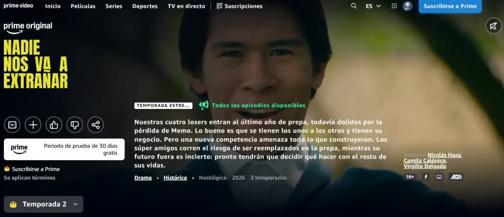 Una de las maneras en las que se consumen las series está en los servicios de streaming, una faceta del entretenimiento que se está empezando a explotar en nuestro país. Una de las innovaciones más recientes que estamos viendo se encuentra en la programación juvenil que siempre se vuelve tendencia. En este caso se trata del nuevo estreno de Prime Video, la serie Nadie nos va a extrañar, de la cual ya anunciaron su temporada 2. En dos puntos te contamos todo lo que sabemos de esta nueva propuesta, las razones por las que está llamando tanto la atención, quienes están involucrados en la producción y la fecha de estreno. 