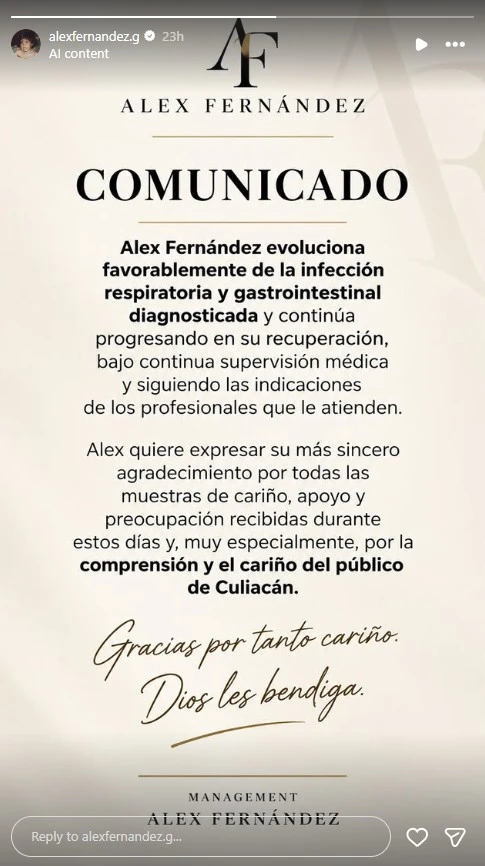 Hay ocasiones en las que, no importa cuántos planes tengamos cuando fuerzas mayores se oponen. Una de ellas está en las enfermedades, que cuando se ponen en nuestro camino no hay manera de detenerlas. Un buen ejemplo de lo anterior lo vemos en el caso del cantante Alex Fernández, que está hospitalizado y tuvo que cancelar su concierto. En dos puntos te contamos todo lo que sabemos del cantante y las razones por las que no está disponible en este momento. Así como los planes que tiene para el futuro respecto a su carrera y cómo planea expandirse a nuevas fronteras. 