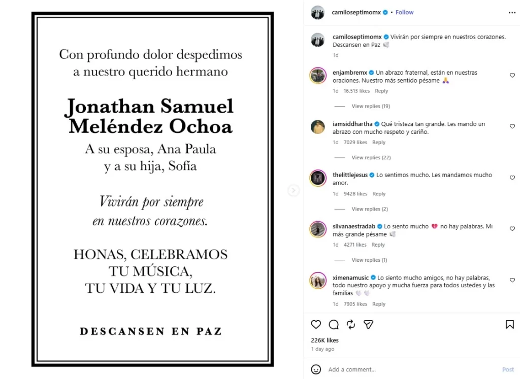 Usuarios de redes sociales y la población en general presenciaron uno de los casos más tristes y perturbadores de tiempos recientes, el multihomicidio relacionado con la banda de rock Camilo Séptimo, en donde falleció el tecladista Jonathan Meléndez y varios miembros de su familia. Sin embargo, en las últimas horas, gracias a las investigaciones policiales, se aprehendió a dos de los posibles responsables: Diego Sebastián N. y Gerardo N. En dos puntos te contamos todo lo que sabemos del evento, las actualizaciones más actuales respecto a los hechos y la información que reveló Omar Harfuch. Así como las posibles causas detrás del incidente y los intereses comerciales que se esconden detrás.