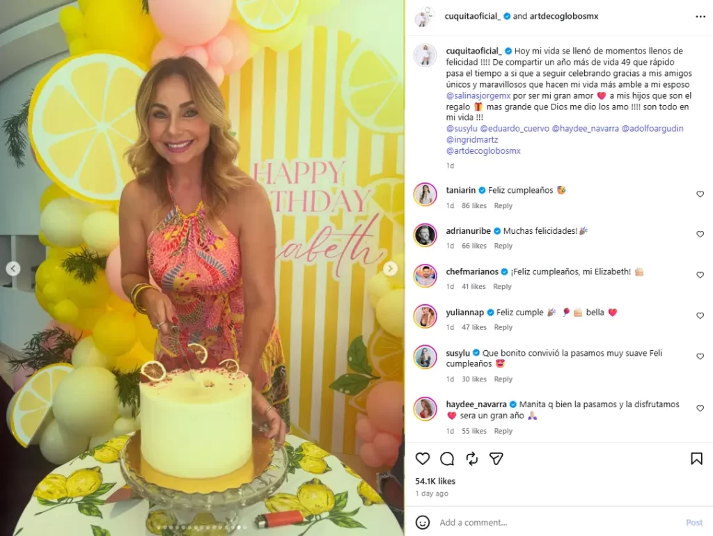 Las redes sociales tienen muchos usos, hay aquellos que tienen una forma de diario virtual, donde comparten su vida con amigos, para otros, se trata de un trabajo a tiempo completo. En algunos casos también se convierte en una herramienta para que los famosos creen una comunidad con sus fans. Hoy, la actriz Elizabeth Álvarez llamó la atención en internet gracias a su publicación de cumpleaños, celebrada con Jorge Salinas, su esposo, y sus hijos. En dos puntos te contamos todo lo que sabemos sobre las nuevas fotos que se están volviendo virales en foros en línea y los mensajes que se compartieron del evento, además de las diversas controversias que esta pareja generó a lo largo de los años.