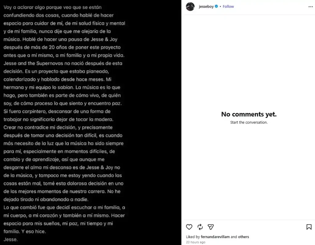 En el mundo de los espectáculos hay historias que resuenan más con las audiencias: las traiciones. Nos ofrecen una gran cantidad de drama y emociones. Quizás lo más importante es que nos dan un villano y un héroe bien definidos. Resulta más fácil apoyar a alguien si todo el mundo está de acuerdo y viceversa. Tal vez se está revelando el siguiente gran relato de este tipo, ahora que Jesse Huerta anunció su nueva banda “Jesse and the Supernovas”. En dos puntos te contamos todo lo que sabemos de este anuncio más reciente y por qué el público no se lo está tomando muy bien. Además de lo que conocemos del género y público que busca esta agrupación.