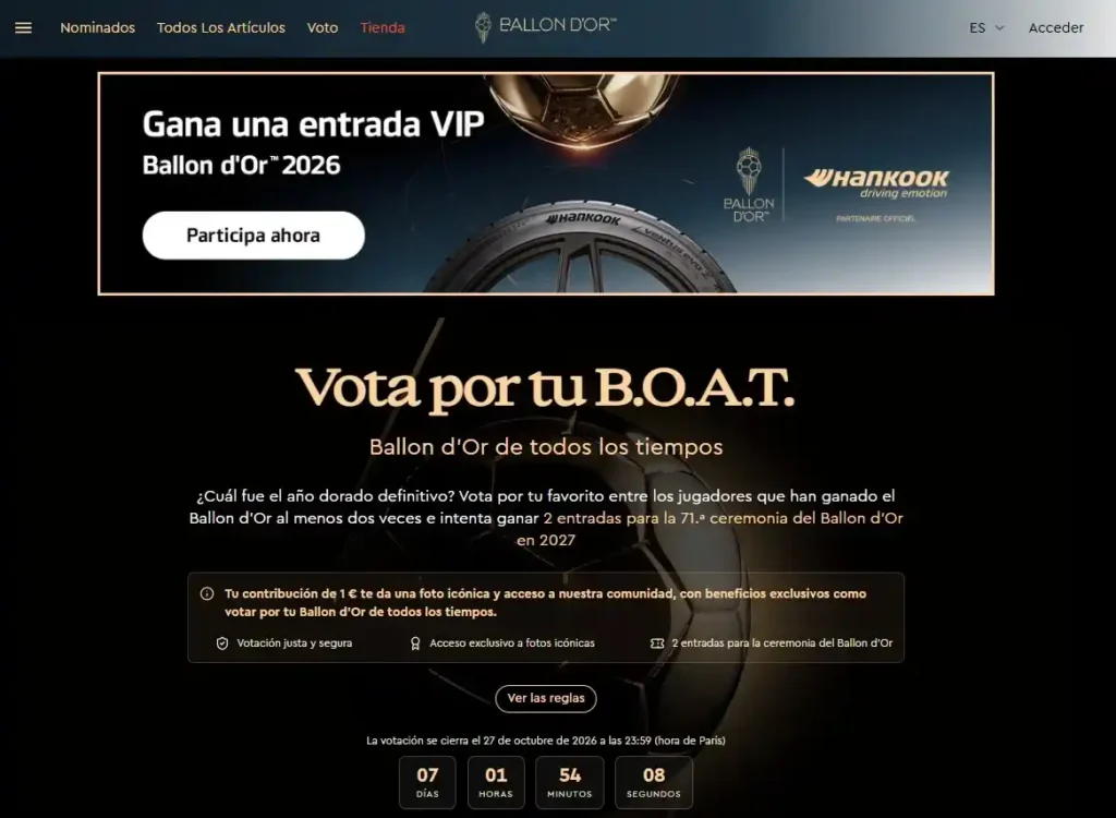 Las grandes premiaciones por lo regular llegan una vez al año. Esto nos ayuda a mantener una buena visión de lo mejor de cada temporada. Pero en general, no presenta la información necesaria para determinar a un ganador histórico. Ese se convierte en el terreno de los fans y la especulación de expertos. Salvo que el mundo del fútbol está viendo un cambio radical en esta filosofía. El siguiente Balón de Oro (2026) incluirá una categoría para “el mejor de todos los tiempos”, Cristiano Ronaldo y Messi lideran la votación. En dos puntos te contamos todo lo que sabemos de este nuevo caso viral y de todos los seleccionados. Además del mecanismo por el cual puedes influir en el resultado final.