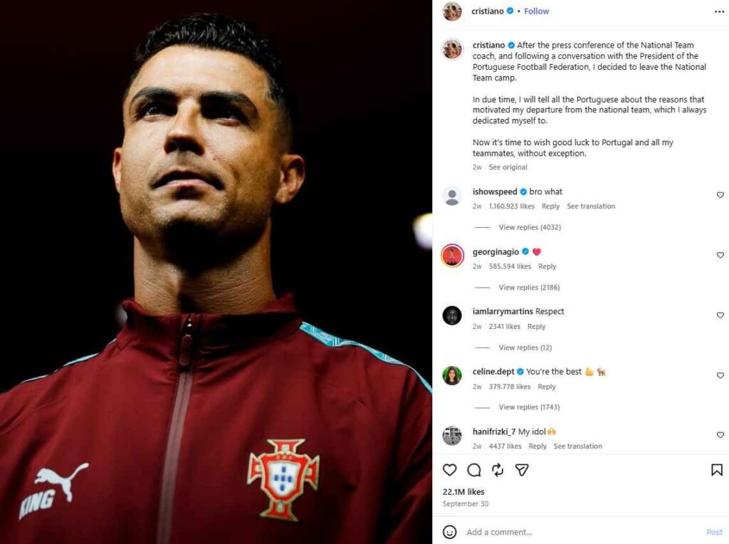 El deporte, en especial a su mayor nivel, tiene un desgaste muy notable en sus estrellas. Aquellos que se quieren convertir en leyendas tienen un periodo muy corto para operar a la máxima altura. Y aun así, una vez que lo logran, tienen que cuidar de su imagen para crear un legado que perdure a futuro. Por eso, el tema de Cristiano Ronaldo y su salida de la concentración de Portugal se volvió viral, y ahora recibirá una sanción y multa. En dos puntos te contamos todo lo que sabemos de este caso tendencia, la historia detrás de los sucesos y la manera en la que respondieron los fans, así como el partido que marcaría el regreso de la estrella a las canchas con la escuadra nacional.