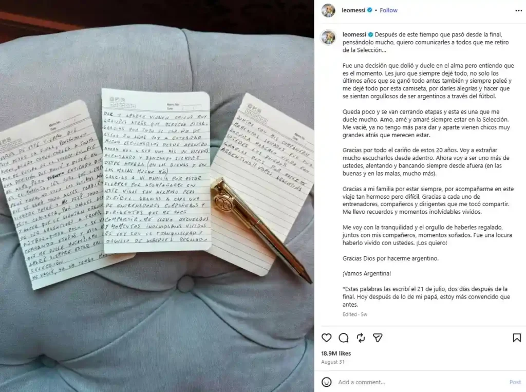 Tras sacudir las redes sociales con un conmovedor mensaje de adiós, el capitán Messi juega su último partido de despedida hoy 6 de octubre de 2026 con la selección de Argentina frente al combinado de Benín en el Estadio Monumental de Buenos Aires. El astro albiceleste cierra una brillante etapa histórica de 21 años vistiendo la camiseta nacional, acumulando 208 partidos oficiales y 125 goles memorables que transformaron el deporte mundial. Más de 85 mil hinchas abarrotan las gradas para aplaudir al campeón del mundo en una noche cargada de profundas emociones y homenajes inolvidables.