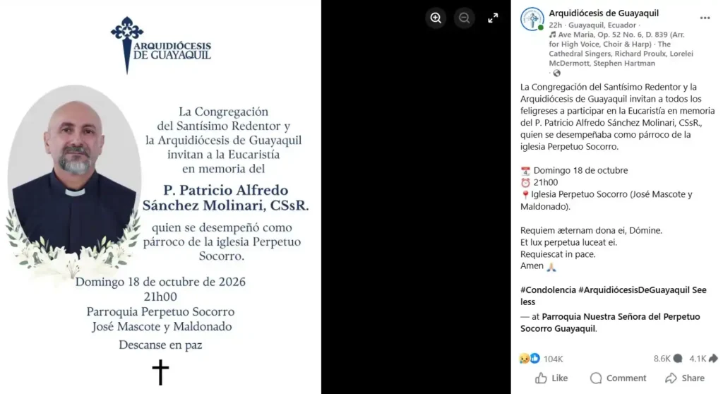 Una conmoción sin precedentes sacudió a la feligresía de Guayaquil tras un fatídico accidente en el templo de Nuestra Señora del Perpetuo Socorro. Durante una misa transmitida en directo por redes sociales, la pesada estructura del altar principal colapsó de forma imprevista sobre el presbítero Patricio Sánchez Molinari. La tragedia en la que muere un sacerdote de Ecuador cuando le cae una cruz cobró un matiz estremecedor porque ocurrió minutos después de que el propio religioso pronunció una impactante reflexión sobre la brevedad de la vida terrenal. Los fieles presentes en el templo y miles de espectadores en internet presenciaron con estupor el momento exacto del lamentable suceso.