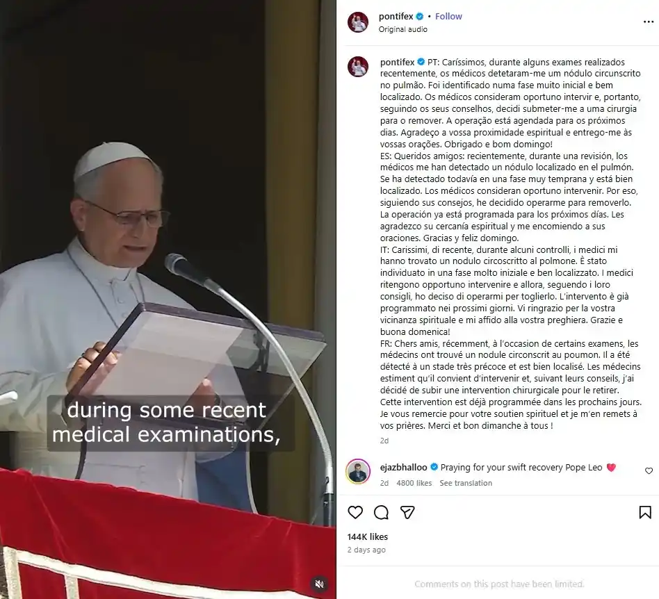 ¡Noticia de última hora en el Vaticano! En esta emisión de Dos News te contamos sobre el ingreso del Papa León XIV al Hospital Gemelli de Roma para someterse a una intervención quirúrgica tras detectarle un nódulo pulmonar en exámenes de rutina. Te platicamos los detalles de su recuperación estimada, la cancelación de sus audiencias y la designación de suplentes en la Plaza de San Pedro.El papa León XIV, hospitalizado en Gemelli por un nódulo pulmonar, captó la atención internacional tras confirmarse su ingreso al conocido centro médico de Roma. El sumo pontífice enfrenta este procedimiento quirúrgico con el objetivo de retirar una pequeña lesión detectada durante revisiones rutinarias. La Santa Sede ajustó la agenda oficial del Vaticano para priorizar el reposo y la recuperación del jerarca católico. Mientras los médicos analizan el tejido extraído, la comunidad religiosa global mantiene un seguimiento constante sobre la evolución de su salud, con la esperanza de un pronto retorno a sus compromisos pastorales en América Latina.