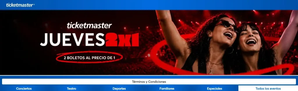 En lo que se trata de entretenimiento, hay dos maneras principales de disfrutarlo. Por medio del internet tenemos acceso directo y gratuito a música y videos. Su contraparte, los eventos en vivo, ofrece una mejor calidad y recuerdos imborrables, solo que tienen un costo elevado. Por eso sus fans tienen un arsenal de tácticas para obtener los mejores descuentos posibles. El día de hoy está disponible el famoso jueves de 2x1 en conciertos y teatro de Ticketmaster. En dos puntos te contamos todo lo que tienes que saber de la campaña y los mejores espectáculos participantes en los estados de Guadalajara, Monterrey, Ciudad de México y Puebla.